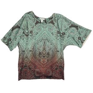 Dressbarn Y2K Boho Blouse Large Mint Brown Medallion Print Peasant Top Vintage